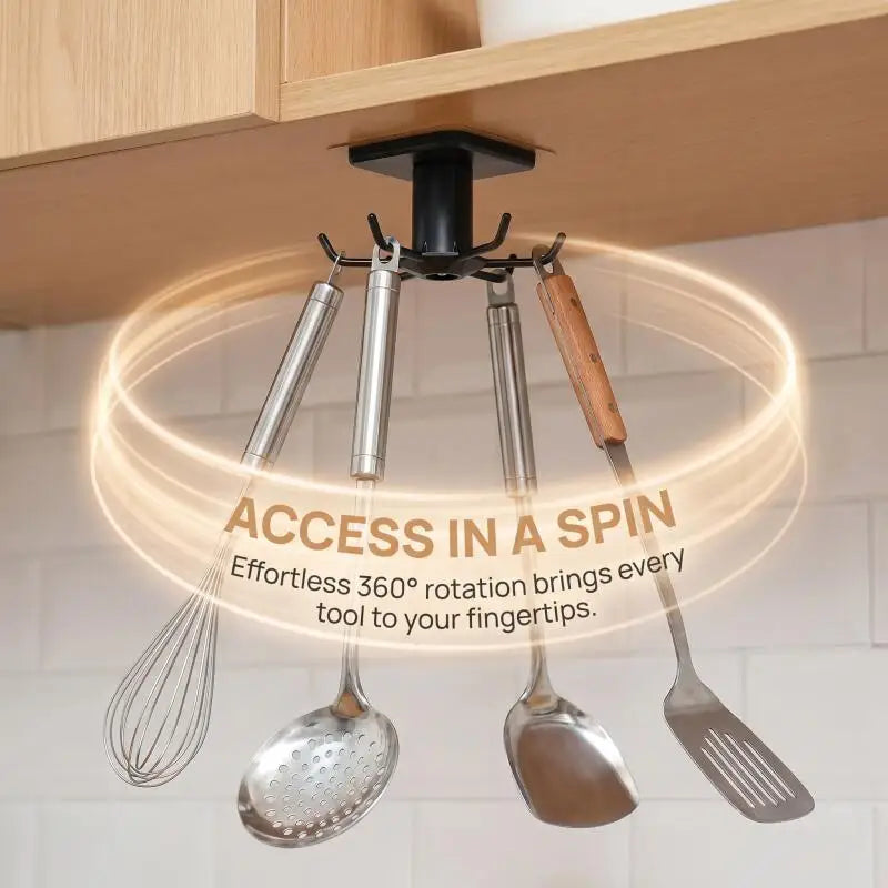 LYR 360° Rotating Kitchen Hook Organizer — Adhesive, No-Drill, 6 Hooks