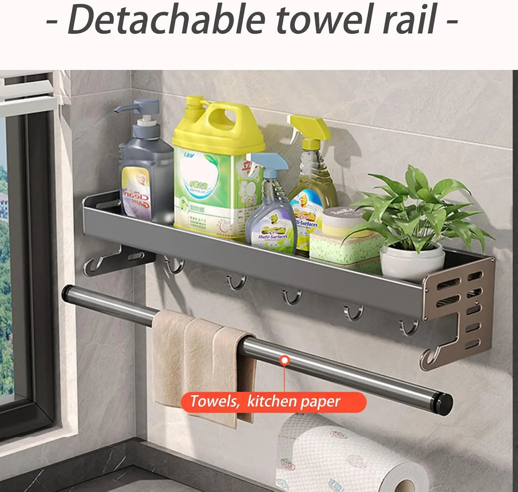 LYR Wall-Mount Stainless Steel Kitchen Organizer Shelf with Hooks