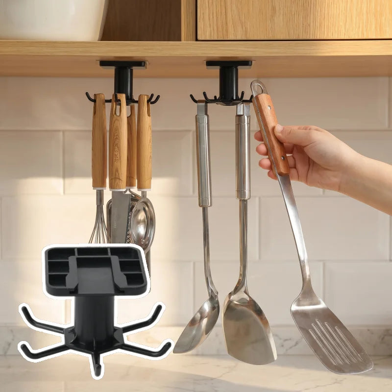 LYR 360° Rotating Kitchen Hook Organizer — Adhesive, No-Drill, 6 Hooks