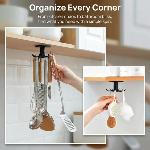 LYR 360° Rotating Kitchen Hook Organizer — Adhesive, No-Drill, 6 Hooks