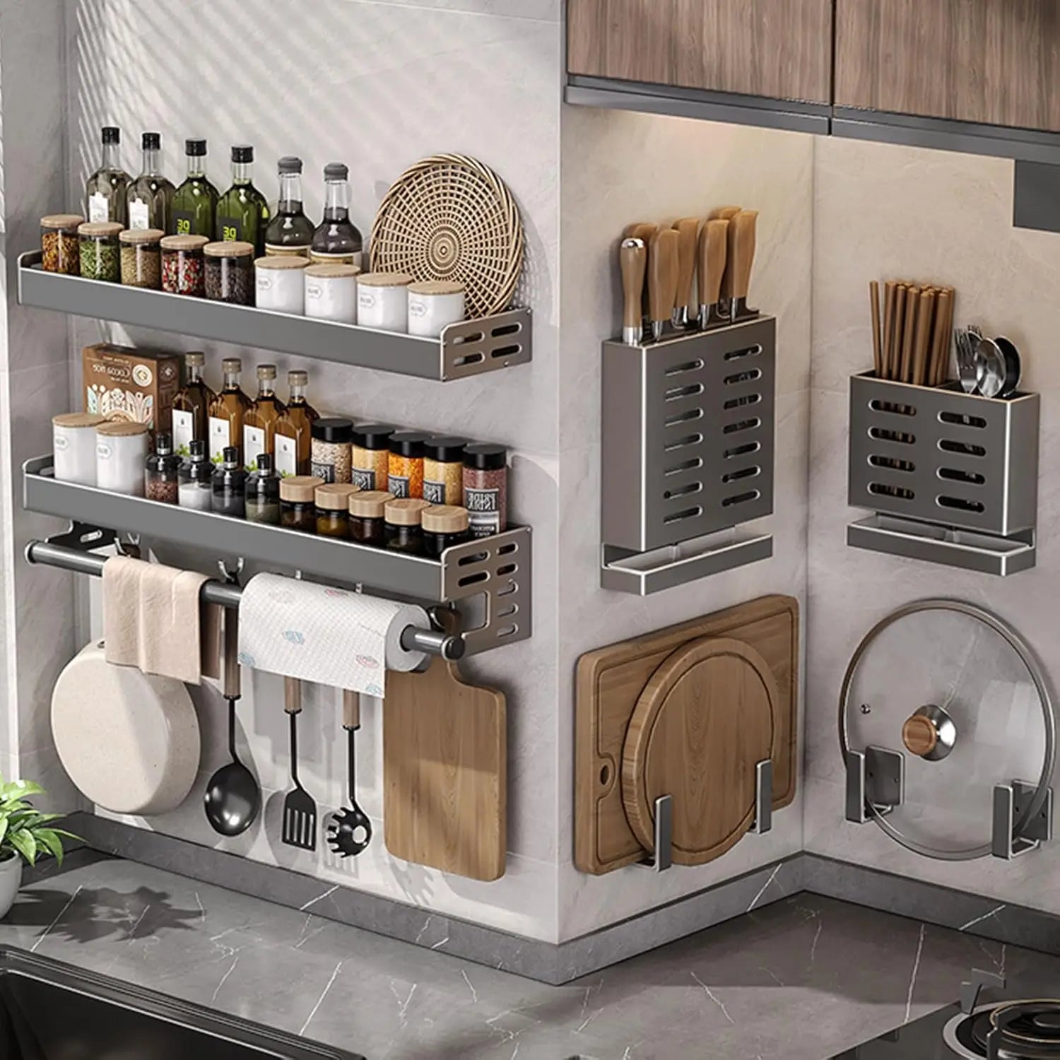 LYR Wall-Mount Stainless Steel Kitchen Organizer Shelf with Hooks