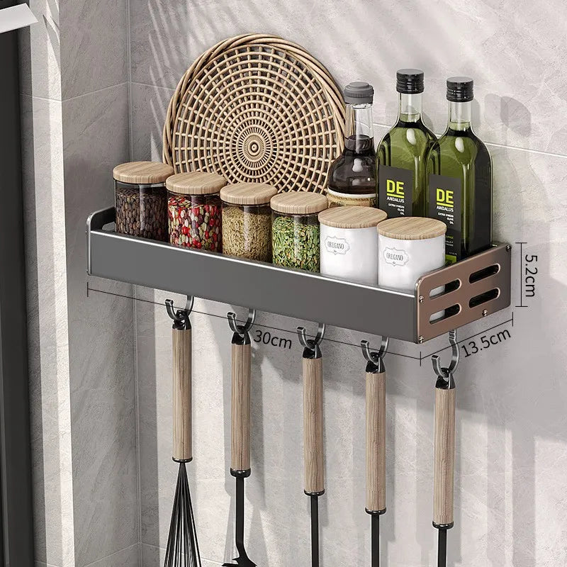 LYR Wall-Mount Stainless Steel Kitchen Organizer Shelf with Hooks