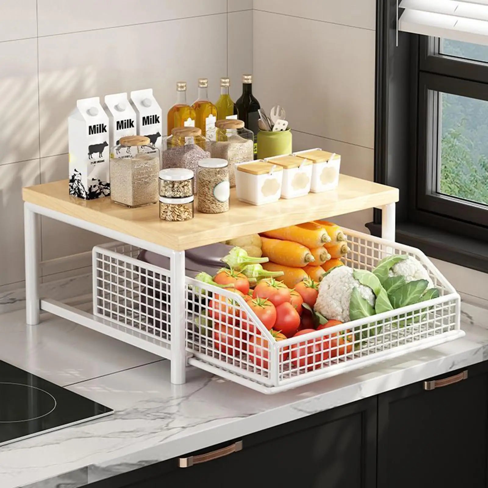 LYR 2-Tier Countertop Organizer Rack with Pull-Out Mesh Drawer