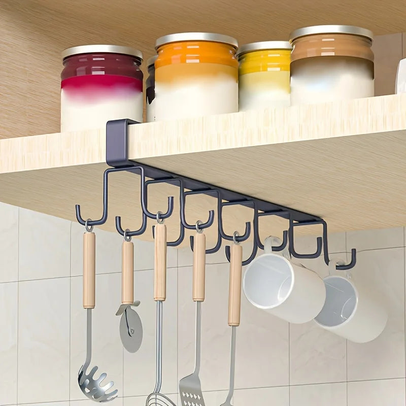 LYR Double-Row Under-Shelf Hook Rack — No-Drill Cup & Utensil Hanger