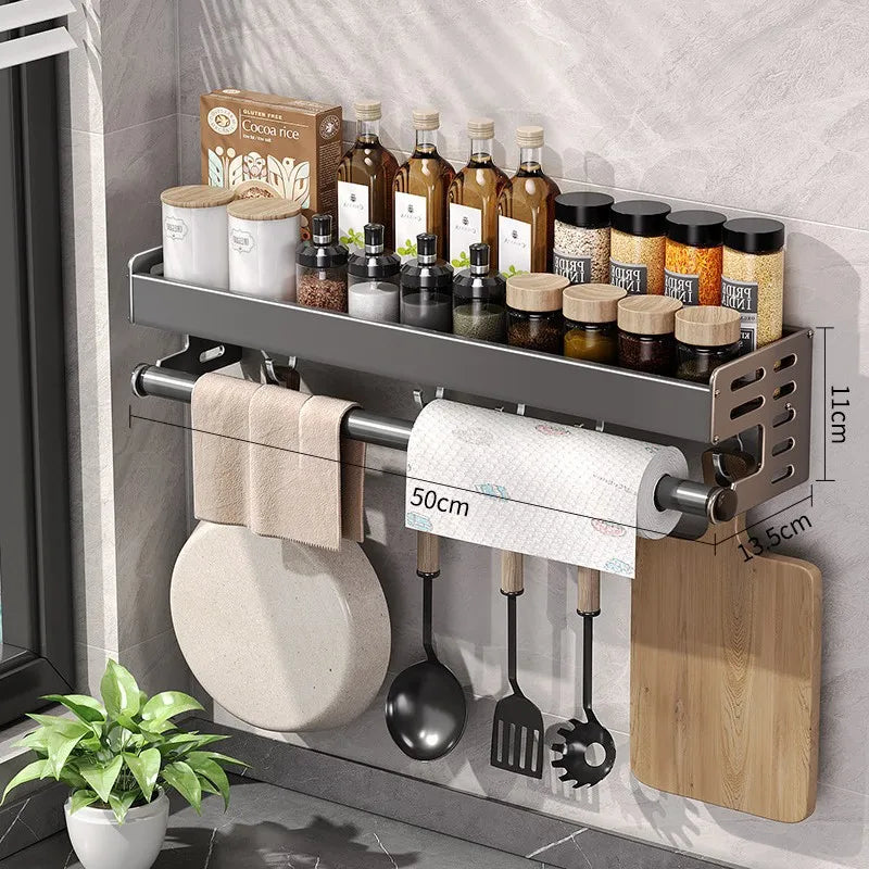 LYR Wall-Mount Stainless Steel Kitchen Organizer Shelf with Hooks