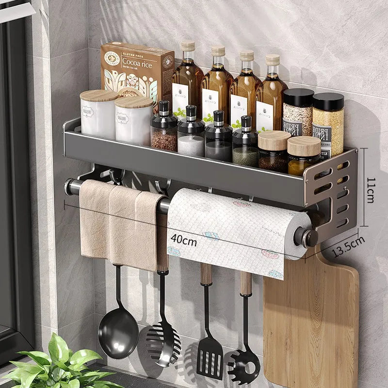 LYR Wall-Mount Stainless Steel Kitchen Organizer Shelf with Hooks