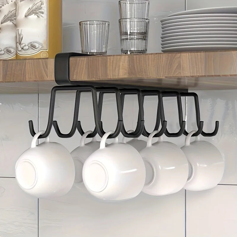 LYR Double-Row Under-Shelf Hook Rack — No-Drill Cup & Utensil Hanger