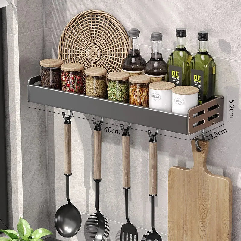 LYR Wall-Mount Stainless Steel Kitchen Organizer Shelf with Hooks