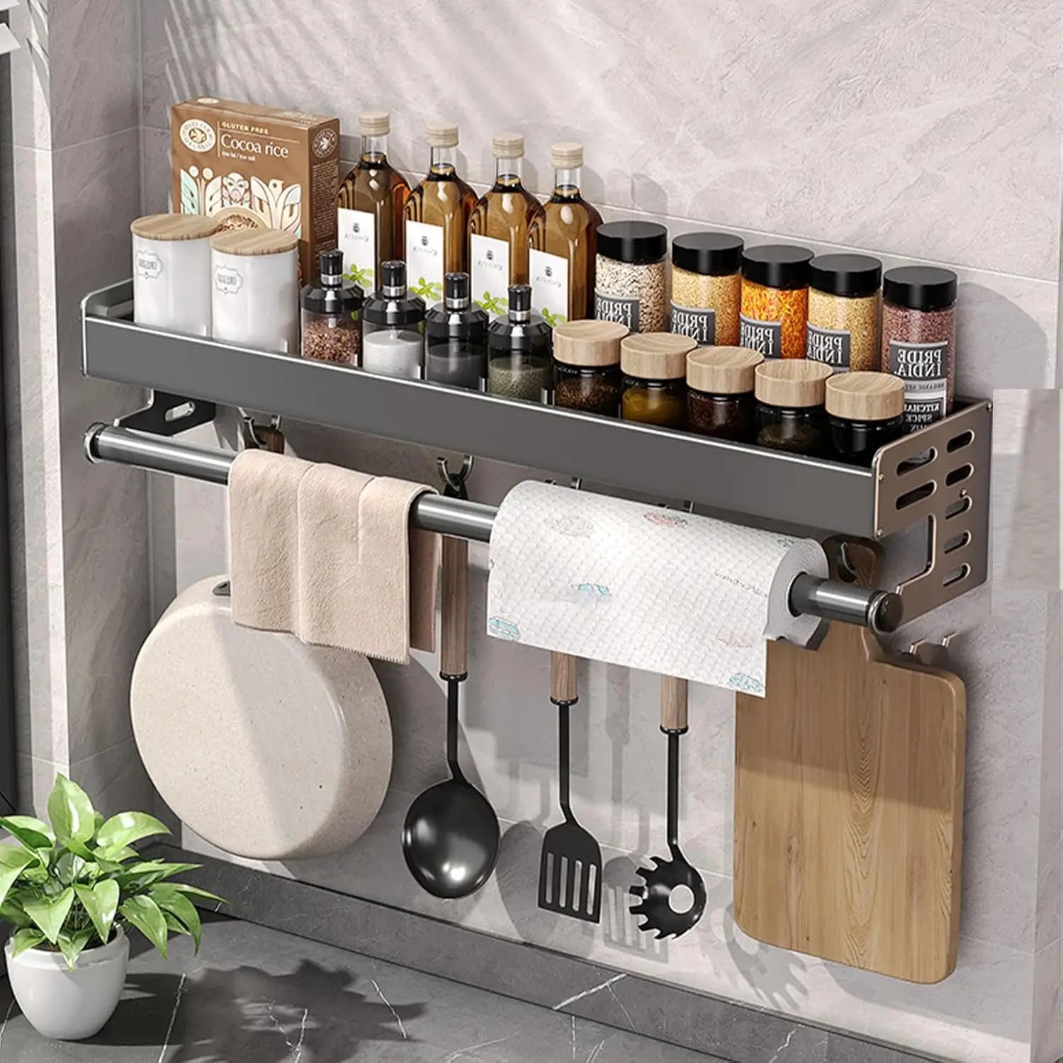 LYR Wall-Mount Stainless Steel Kitchen Organizer Shelf with Hooks