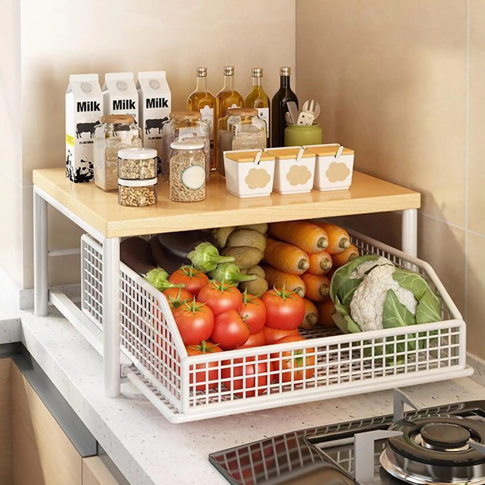 LYR 2-Tier Countertop Organizer Rack with Pull-Out Mesh Drawer