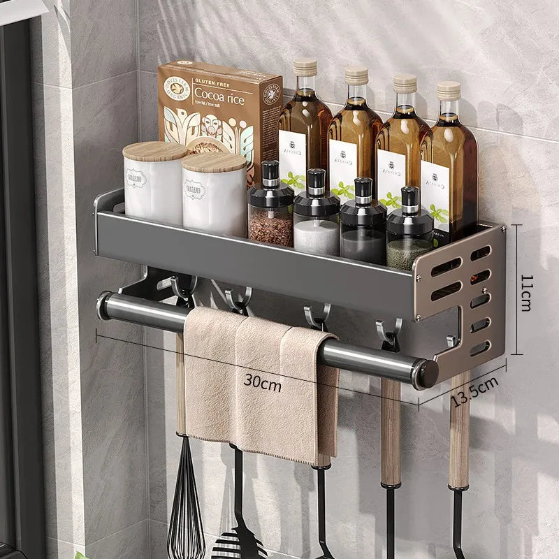 LYR Wall-Mount Stainless Steel Kitchen Organizer Shelf with Hooks