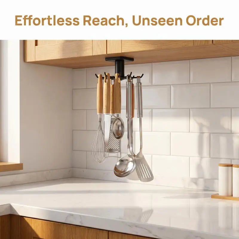 LYR 360° Rotating Kitchen Hook Organizer — Adhesive, No-Drill, 6 Hooks