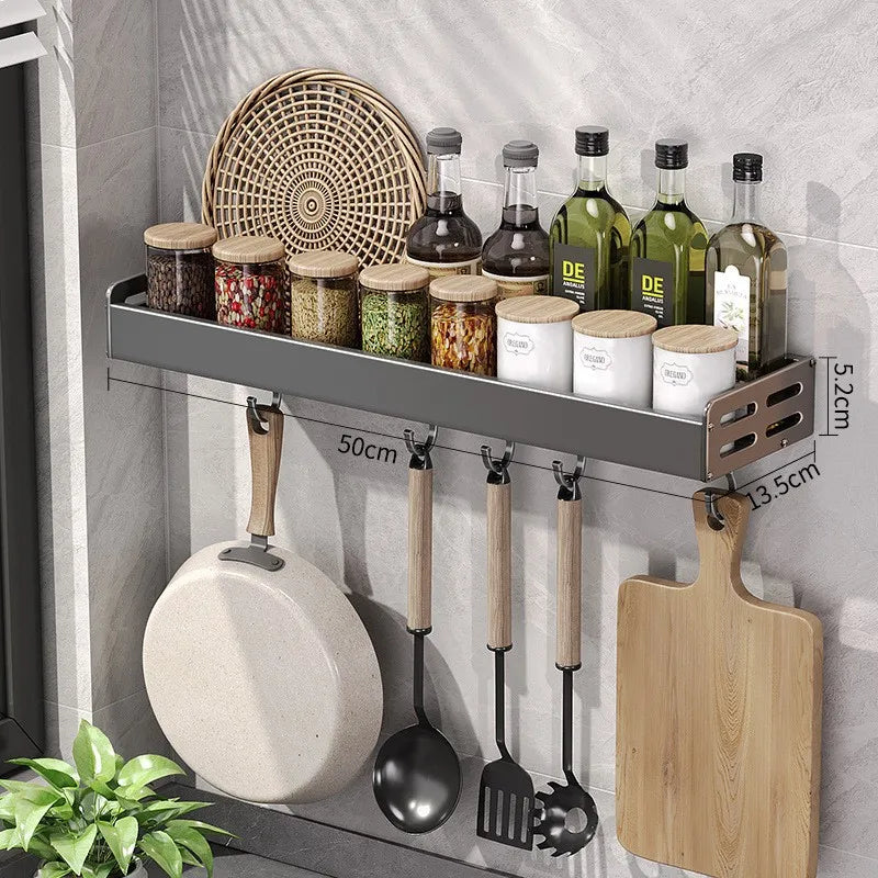 LYR Wall-Mount Stainless Steel Kitchen Organizer Shelf with Hooks