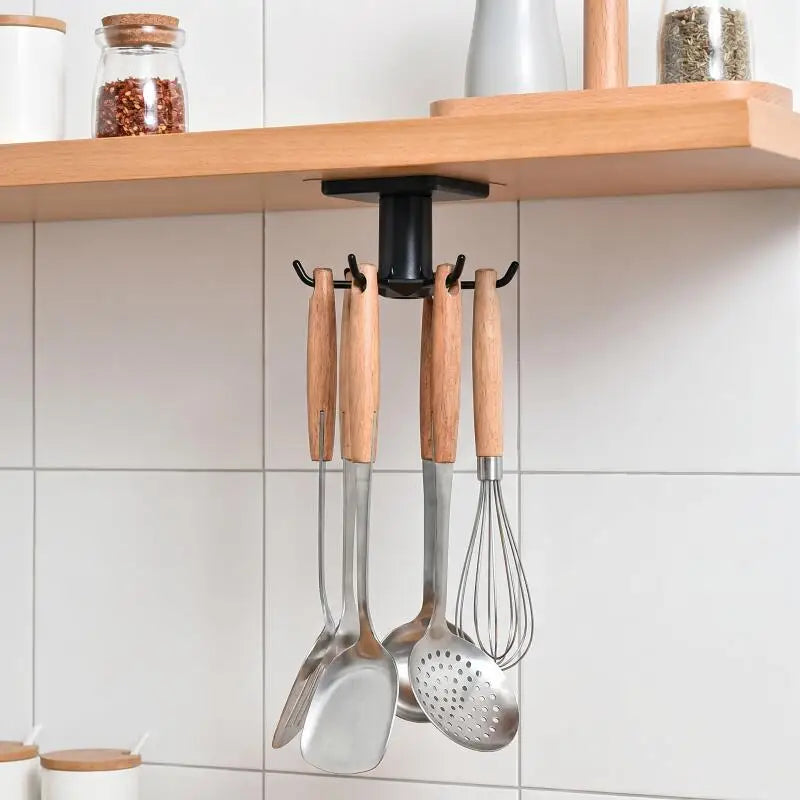 LYR 360° Rotating Kitchen Hook Organizer — Adhesive, No-Drill, 6 Hooks