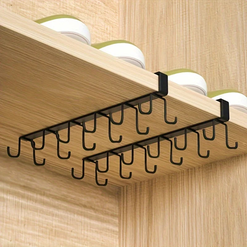 LYR Double-Row Under-Shelf Hook Rack — No-Drill Cup & Utensil Hanger