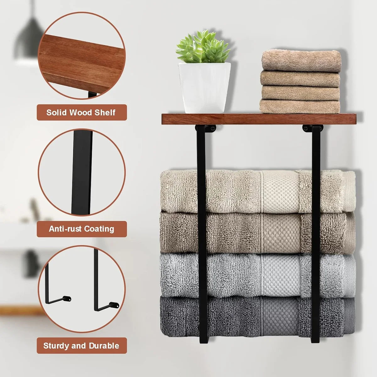LYR Minimalist Wall-Mounted Towel Rack with Wooden Shelf