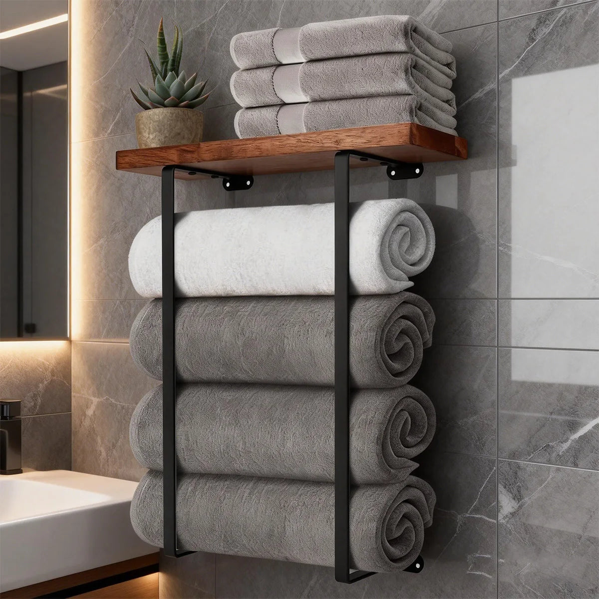 LYR Minimalist Wall-Mounted Towel Rack with Wooden Shelf