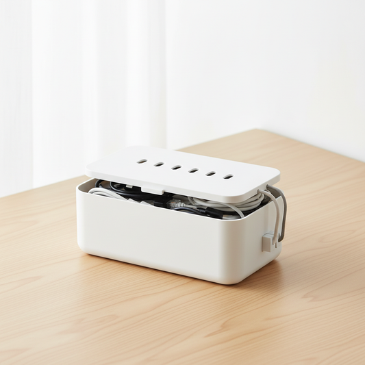 Sleek white cable management box on a clean wooden desk