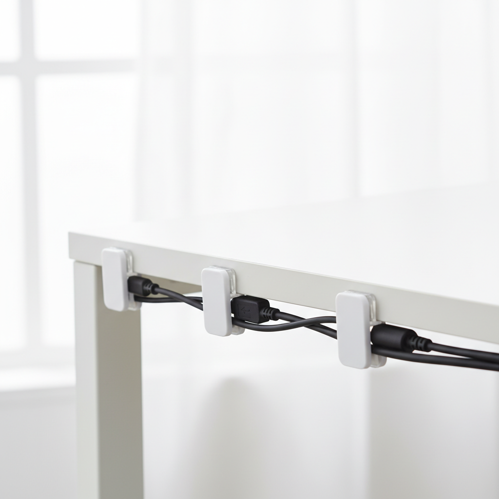 White adhesive cable clips organizing cables along a clean white desk edge