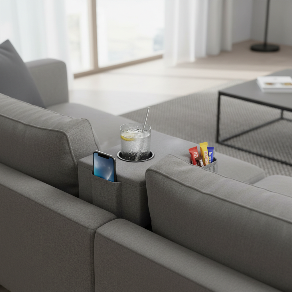 Couch console organizer wedged between sofa cushions with cup holder, remote and phone pockets