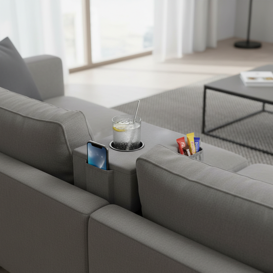 Couch console organizer wedged between sofa cushions with cup holder, remote and phone pockets
