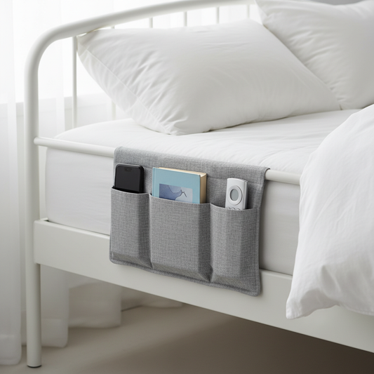 Fabric bedside caddy organizer hanging on a white bed frame with phone, remote and book
